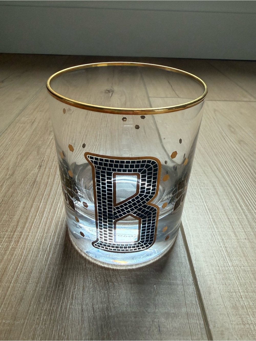 Anthropologie ‘B’ Monogram Tile Bistro Whiskey Rocks Glass Black & Gold
